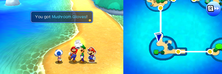 Mario getting the Mushroom Gloves from the Know-It-All Toad in Twinsy Tropics of Mario & Luigi: Paper Jam.