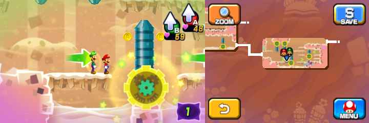 Mario and Luigi near 2 Coins in Dreamy Dozing Sands accessed by second Deco Pi'illo of Mario & Luigi: Dream Team.