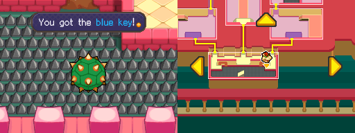 Bowser picking up the Blue Key from a destroyed Fafwulcopter in Peach's Castle of Mario & Luigi: Bowser's Inside Story.