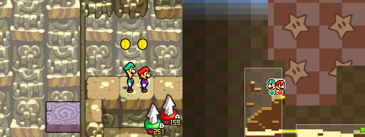 Mario and Luigi near 2 Coins in Plack Beach of Mario & Luigi: Bowser's Inside Story.