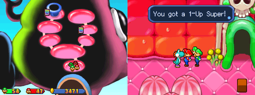 The quartet getting a 1-Up Super from cyan Yoshi in Yoob's Belly of Mario & Luigi: Partners in Time.