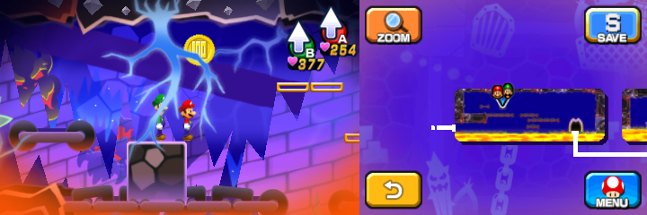 Mario and Luigi near a 100-Coin in Dreamy Neo Bowser Castle accessed by the third Koopa Clown Car Dreampoint of Mario & Luigi: Dream Team.