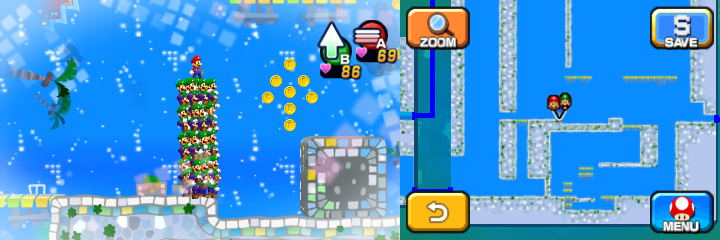 Mario and Luiginoids (in the shape of a stack) near 8 Coins in Dreamy Wakeport accessed by Big Massif's Dreampoint of Mario & Luigi: Dream Team.