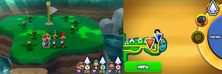 Group near 9 spinny flowers containing a Five Coin each in Wait Up, Yoshi! mission of Mario & Luigi: Paper Jam.
