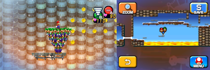 Mario and Luiginoids (in the shape of a cone) near 29 Coins (with 15 visible) in Dreamy Mount Pajamaja accessed by a Dreampoint found at the peak of the real world mountain of Mario & Luigi: Dream Team.