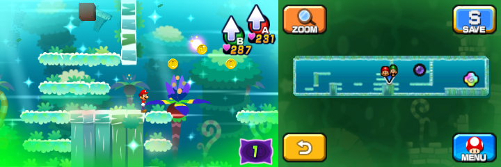 Mario near 3 Coins in Dreamy Somnom Woods accessed by the first Pi'illo Master of Mario & Luigi: Dream Team.