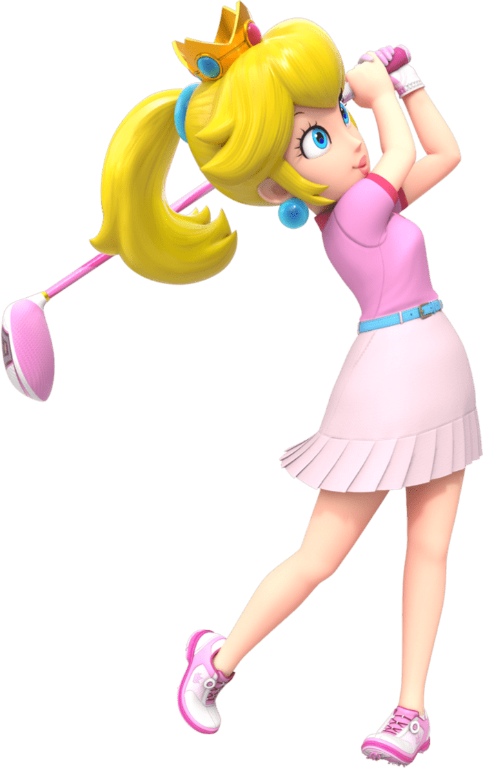 Artwork of Princess Peach swinging a golf club from Mario Golf: Super Rush.