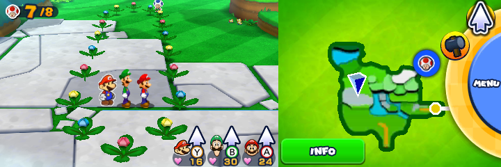 Group near 18 spinny flowers containing a Coin each in Paper Toad Rescue mission of Mario & Luigi: Paper Jam.