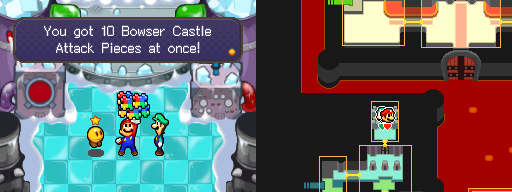 Mario and Luigi getting all 10 Attack Pieces for the Magic Window Bros. Attack after beating the trio of Shroobs in Bowser Castle of Mario & Luigi: Bowser's Inside Story.