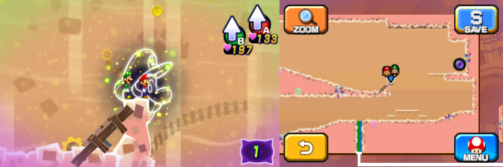 Mario and Luigi near 8 Coins (with one visible) in Dreamy Dozing Sands accessed by sixth Pink Pi'illo of Mario & Luigi: Dream Team.