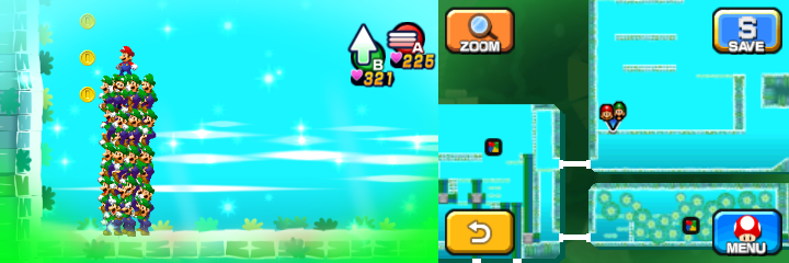 Mario and Luiginoids (in the shape of a stack) near 8 Coins (with 3 visible) in Dreamy Somnom Woods accessed by the Dreampoint of Mario & Luigi: Dream Team.