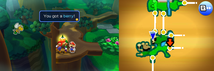 Mario holding a Berry in Gloomy Woods of Mario & Luigi: Paper Jam.