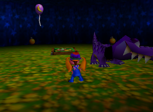 A purple Banana Balloon and a switch for Tiny Kong in Jungle Japes.