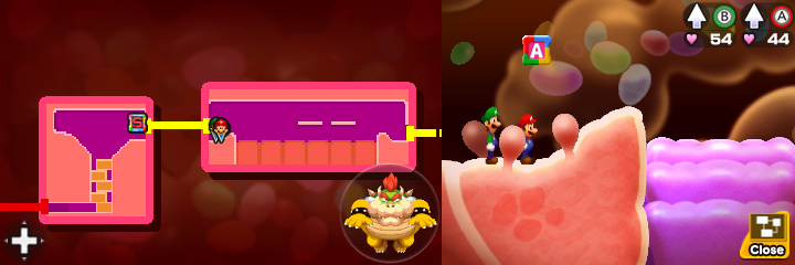 Second block in Flab Zone of Mario & Luigi: Bowser's Inside Story + Bowser Jr.'s Journey.