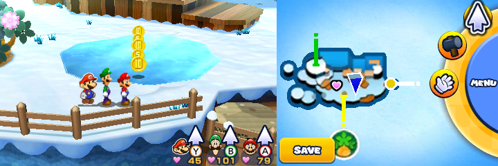 Group near 2 Five Coins nad 3 10-Coins in Mount Brrr of Mario & Luigi: Paper Jam.