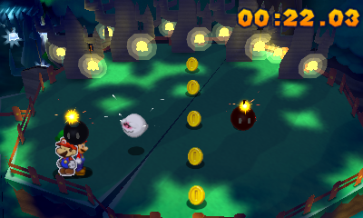 Group near 5 Coins in Bye-Bye, Boo mission of Mario & Luigi: Paper Jam.