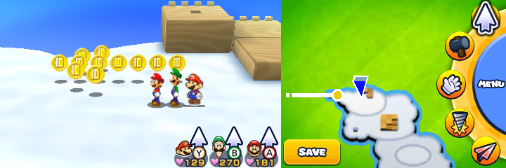 Group near 11 10-Coins in Sunbeam Plains of Mario & Luigi: Paper Jam.