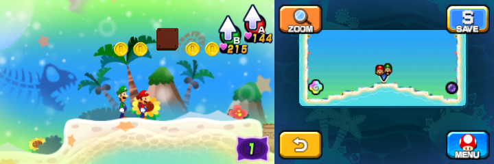 Mario and Luigi near 4 Coins in Dreamy Driftwood Shore accessed by the second Pink Pi'illo of Mario & Luigi: Dream Team.
