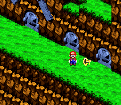 Mario finding Temple Key after it has been dropped from the roof in the Monstro Town of Super Mario RPG: Legend of the Seven Stars.