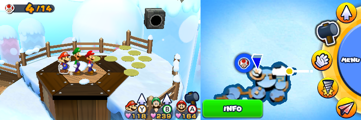 Group near 8 unflipped paper flowers containing a Five Coin each in Paper Toad Patrol mission of Mario & Luigi: Paper Jam.