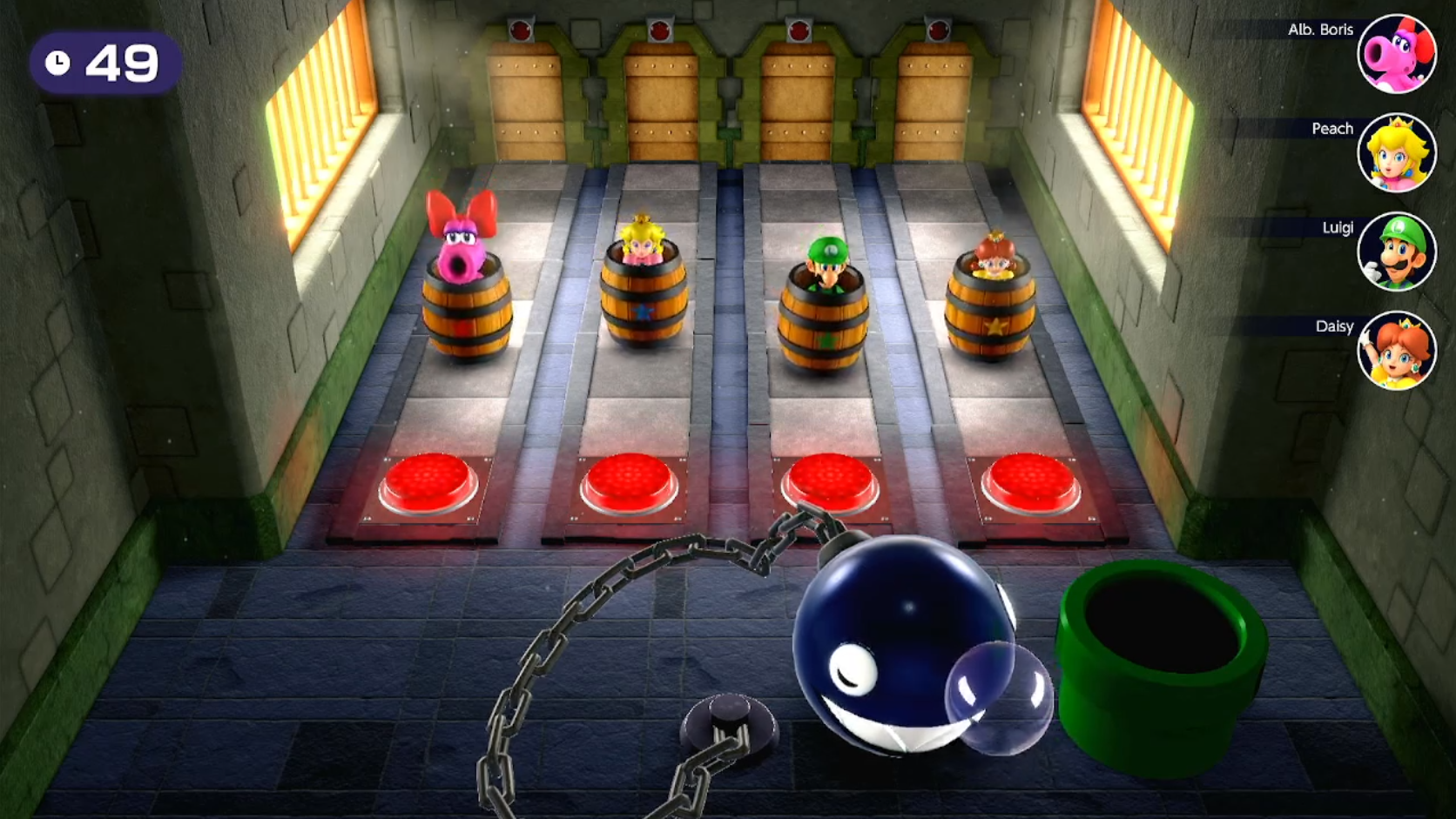 Sneak 'n' Snore Sneak to the button and out the door while Chain Chomp snores. Hide in the barrel so you don't get noticed!