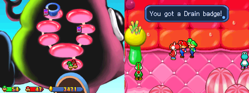The quartet getting a Drain Badge from red Yoshi in Yoob's Belly of Mario & Luigi: Partners in Time.