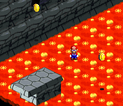 Mario finding first two 10-Coins in the invisible path action course of Bowser's Keep of Super Mario RPG: Legend of the Seven Stars.