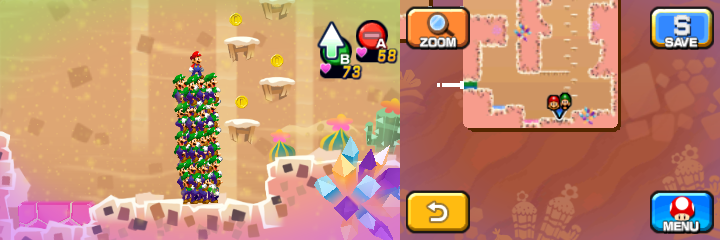 Mario and Luiginoids (in the shape of a stack) near 3 Coins in Dreamy Dozing Sands accessed by Dreampoint housing the Dream Stone's spirit of Mario & Luigi: Dream Team.