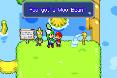 Mario and Luigi getting a Woo Bean from Harhall in Beanbean Outskirts of Mario & Luigi: Superstar Saga.
