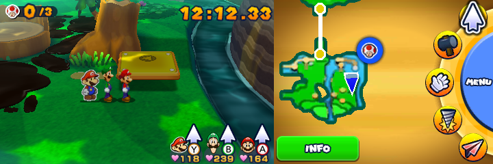 Group near 4 unflipped paper flowers containing a Five Coin each in Fly Guy Flyby mission of Mario & Luigi: Paper Jam.