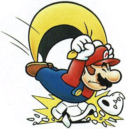 Artwork of Caped Mario landing on a Dry Bones in Super Mario World