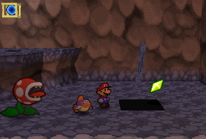 Mario finding a Star Piece under a hidden panel near the heart block in Mt. Rugged in Paper Mario
