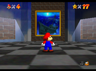 Mario jumping into the Jolly Roger Bay painting.