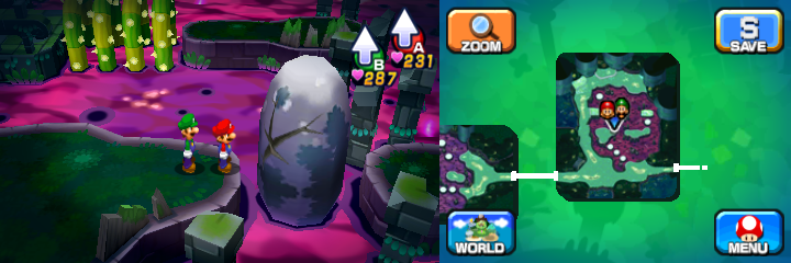 Mario and Luigi near a boulder containing a Coin in Somnom Woods of Mario & Luigi: Dream Team.