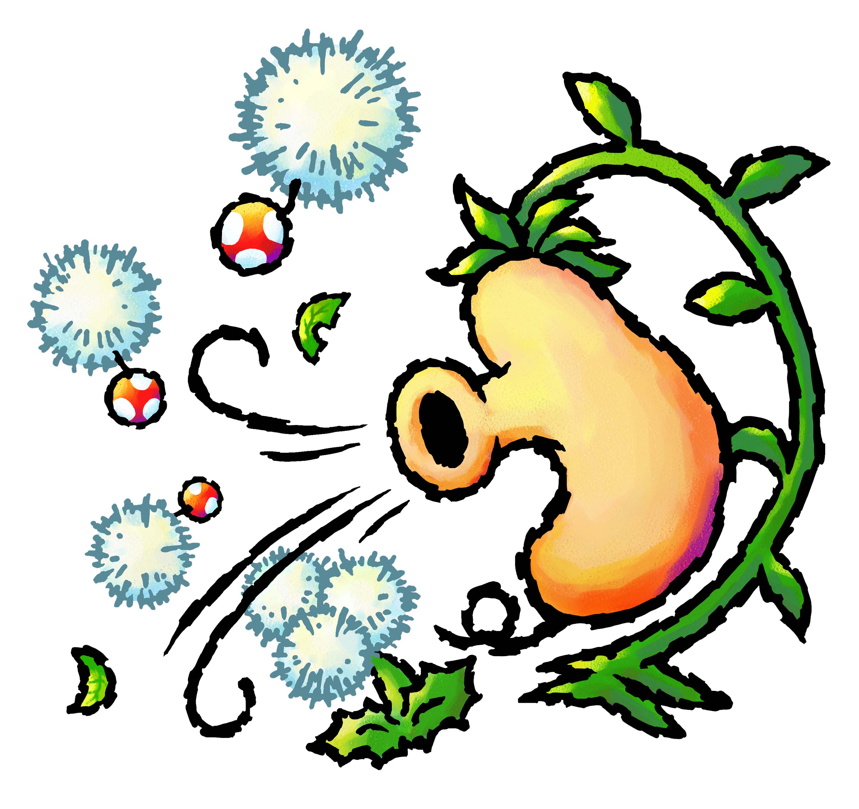 Artwork of a Windbag blowing a Nipper Dandelion and spreading Nipper Spores in Yoshi's Island DS
