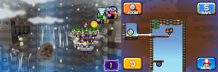 Mario and Luiginoids (in the shape of a cone) near a 100-Coin in Dreamy Mount Pajamaja accessed by the second Blue Pi'illo of Mario & Luigi: Dream Team.