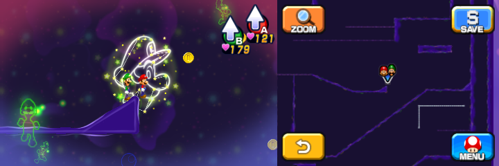 Mario and Luigi near 6 Coins (with 2 visible) in Dream's Deep accessed by Dreamy Pi'illo Castle accessed by the Dreampoint of Mario & Luigi: Dream Team.