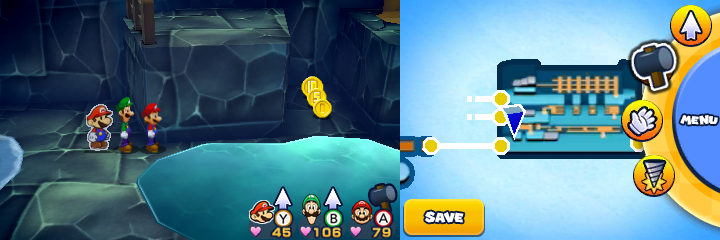 Group near a Coin, a Five Coin and a 10-Coin in Mount Brrr of Mario & Luigi: Paper Jam.
