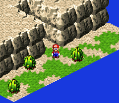 Mario in front of a crevice with the hidden button that fills up the holes in the upper part of the second scene of Booster Pass of Super Mario RPG: Legend of the Seven Stars.