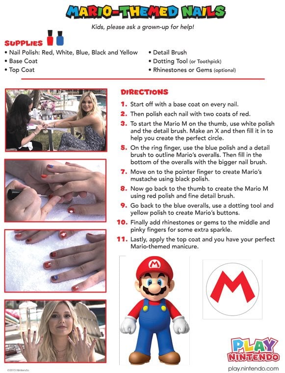 Printable instructions for Mario-inspired manicure