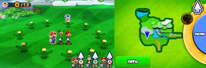 Group near 11 spinny flowers containing a Coin each in Paper Toad Pursuit mission of Mario & Luigi: Paper Jam.
