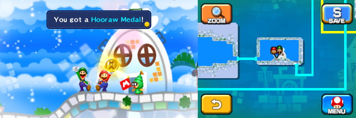 Mario and Luigi holding the Hooraw Medal after defeating Beef Cloud in Dreamy Wakeport accessed by Big Massif's Dreampoint of Mario & Luigi: Dream Team.