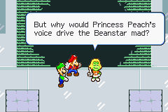 Prince Peasley questioning the reaction of the Beanstar after hearing Princess Peach's voice.