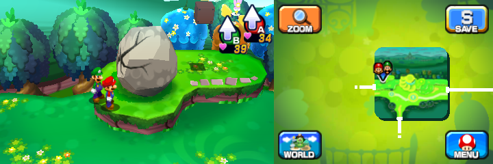 Mario and Luigi near a boulder containing a Coin in Mushrise Park of Mario & Luigi: Dream Team.
