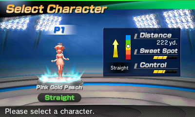 Pink Gold Peach's stats in the golf portion of Mario Sports Superstars
