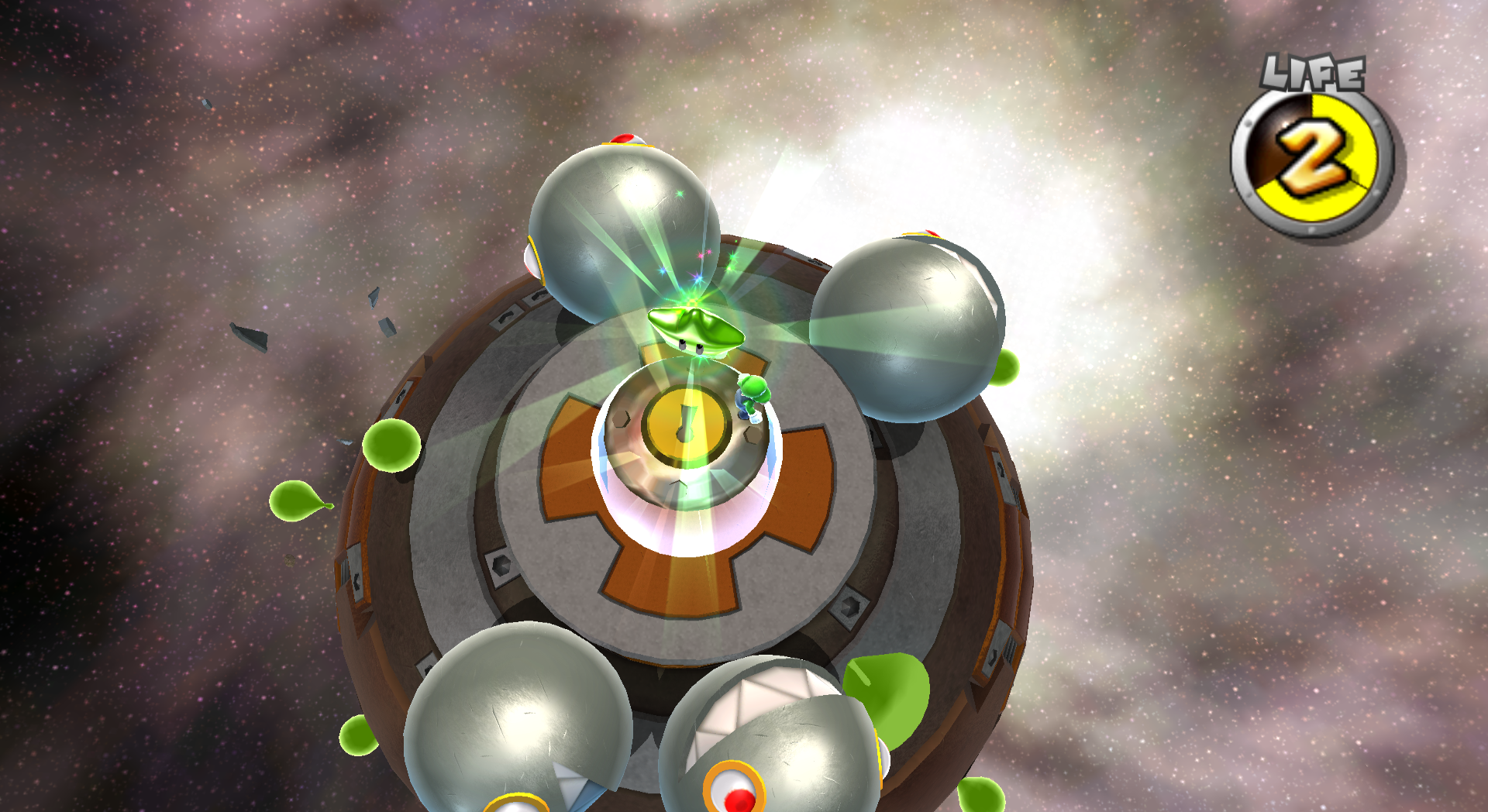 A screenshot of Luigi with a Green Power Star in the Battle Belt Galaxy.