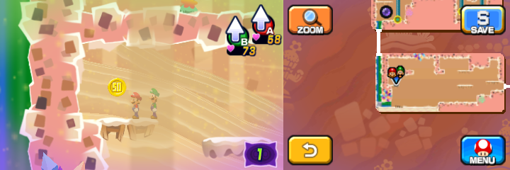 Mario and Luigi near a 50-Coin in Dreamy Dozing Sands accessed by fifth Deco Pi'illo of Mario & Luigi: Dream Team.