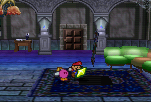 Mario finding a Star Piece under a hidden panel near the sofa in Boo's Mansion in Paper Mario