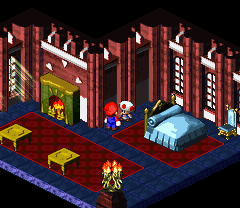 Toad in the guest room of Peach's Castle giving Mario the Wake Up Pin in the Mushroom Kingdom of Super Mario RPG: Legend of the Seven Stars.