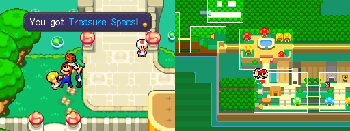 Mario and Luigi getting the Treasure Specs accessory from PR Toad in Toad Town of Mario & Luigi: Bowser's Inside Story.